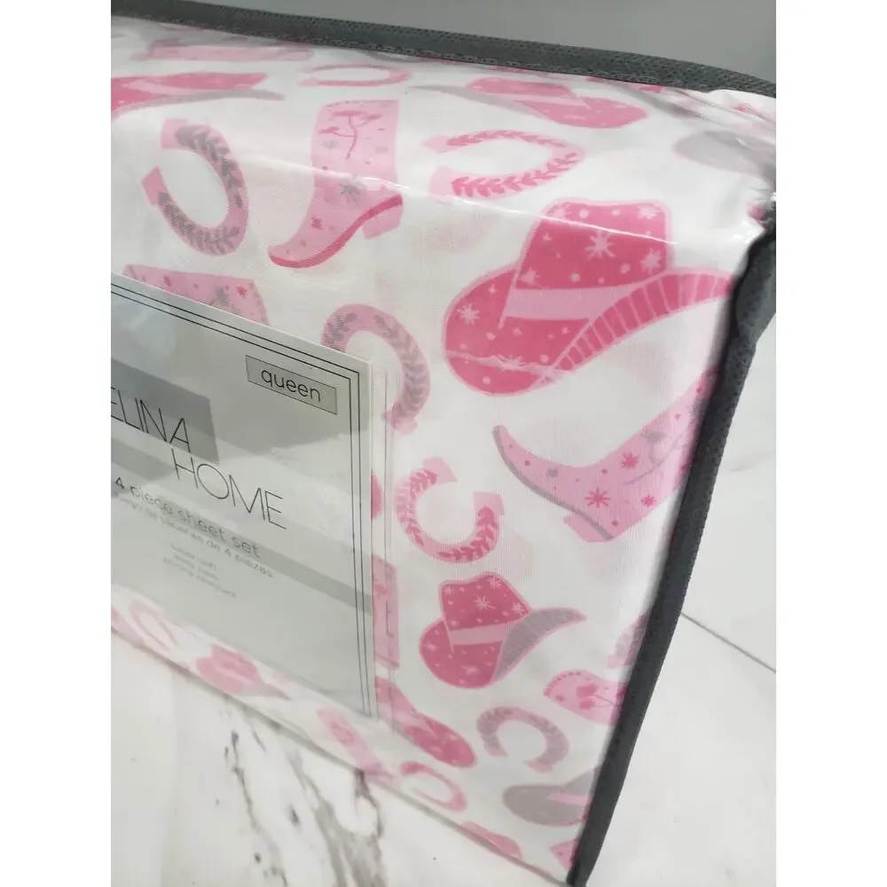 NEW Pink Western Cowboy Boots‎ Cowgirl Hat Horseshoe Equestrian Horse Sheet Set